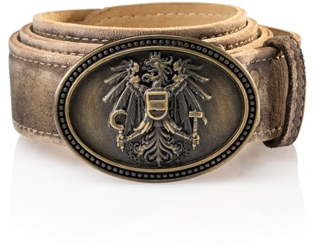 Schöneberger Trachten Couture Herren Trachtengürtel Österreich, Ledergürtel mit Austria Adler Schnalle, Lederhosen Gürtel aus Wildbock-Leder, Franco (Torf BW90(46-48)