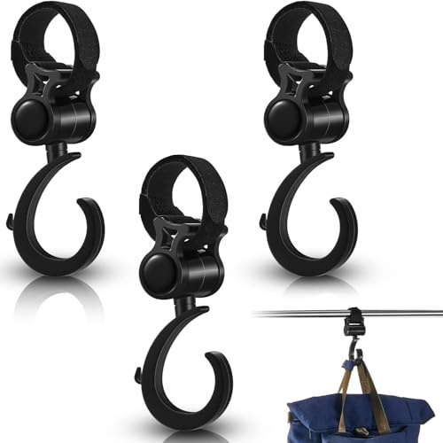 4 ganchos negros para colgar multiusos, rotación de 360°, clip para bolsa de pañales, para andador, muletas, silla de ruedas, carrito de compras, asiento trasero de coche, bicicleta, silla de ruedas