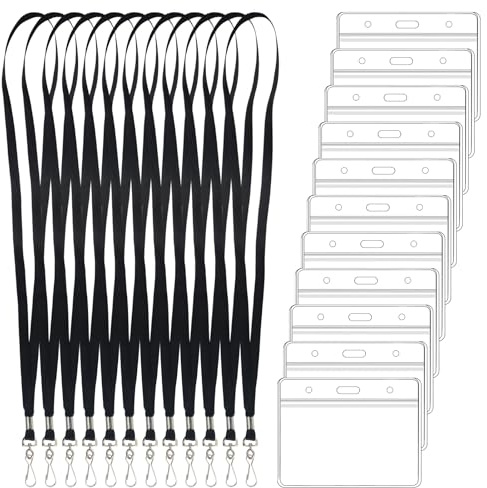 Ausweishülle mit Band Set, 11 Stück Transparente Kartenhülle 11 Stück Schlüsselband Schwarz mit Drehbarem Clip, Ausweishalter für Studenten Mitabeiter