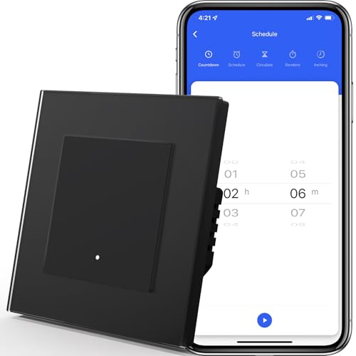 MVAVA Interruptor Inteligente con Clic,WIFI Interruptores de Luz Con Cristal,Compatible con Alexa/Tuya/Smart Life,Requiere Cable Neutro,1 Gang 1 Vía,86mm Negro