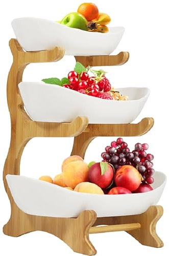 ZAXER Présentoir à fruits en bambou 3 niveaux avec bols en céramique blanche - Organisateur pratique pour fruits, collations, pain et desserts - Idéal pour cuisine, salle à manger ou bureau