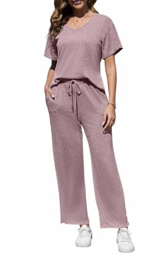 Yutdeng Tute da Casa 2 Pezzi Pigiama Set a Costine da Donna Maniche Corte con Scollo a V Orlo a Fessura Maglietta e Pantaloni Lunghi con Coulisse con Tasche Tuta da Ginnastica,Viola,XXL