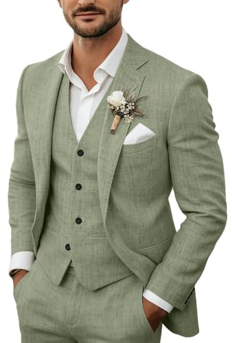 3-teiliges Herren-Anzug-Set aus Leinen, lässig, leicht, Blazer, Jacken, Westen, Hosen, Set für Hochzeit, Business, Abschlussball, Anzug, Hellgrün, 3XL