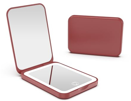 Kintion Pocket Mirror,Rechargeable 1X/3X Compact Mirror with Light,Wine Red | LED Travel Makeup Mirror for Purse, Handbag, 3 Colors Dimmable, Handheld, Portable, Small Lighted Mirrors for Women Gifts