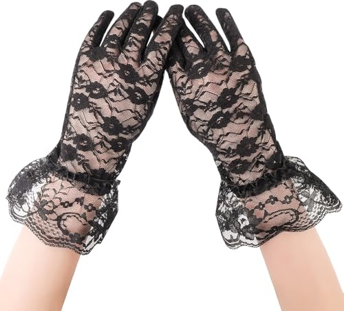 Yolev Lace Gloves for Women Vintage Black Lace Gloves Short Floral Elegant Bridal Wedding Glove 1920s For Evening Dinner Prom Halloween (Black)