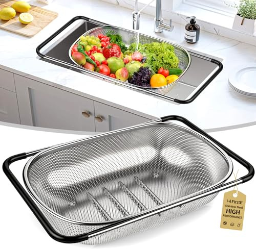 FirstE Over the Sink Colander Strainer Basket 6 Quart, Fine Mesh Stainless Steel Colander with Expandable Anti-slip Rubber Grip Handles, Kitchen Sink Vegetable Strainer for Drain Pasta, Rinse Fruits