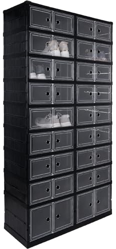 Verda Schuhschrank, Schuhregal und Schuh Organizer aus Kunststoff mit magnetischer Tür, 9 Reihen, faltbar und stapelbar, ideal zur Schuhaufbewahrung im Flur, Schwarz, Transparente Schuhboxen