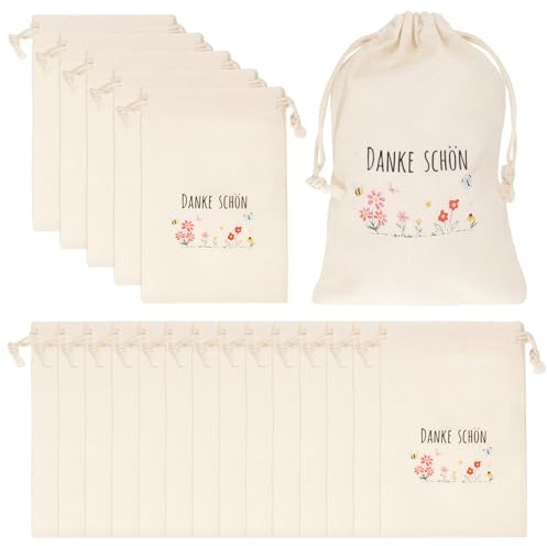 Baumwollsäckchen 20pcs Geschenktüten Baumwollbeutel DANKE SCHÖN Gastgeschenk&Feedbackbeutel für Hochzeit, 10×15 Stoffbeutel mit Kordelzug Wiederverwendbarer Säckchen zum Befüllen für Geburtstag Taufe