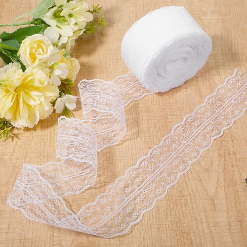 27M 4,5cm Spitzenborte Weiß Spitzenband Weiß Vintage Weiss Spitze Breit Dekostoff Spitzenstoff Vintage Spitzenband Häkelspitze Baumwolle Dekoband Zierband Spitzenborte für Hochzeit Deko DIY Nähen