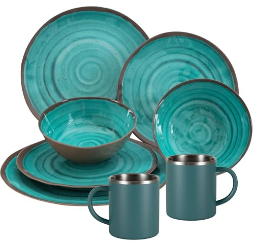 Melamin Geschirr Set Türkis für 2 Personen 8 Teile mit Edelstahl Thermo Tassen doppelwandig - Tonoptik Essgeschirr - Campinggeschirr Picknick ideal für Camping modern Outdoor