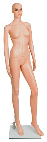 Schaufensterpuppe Kunststoff Dame hautfarben mit Kopf, weibliche Puppe H176 cm inkl. Glasstandplatte, Modepuppe Konfektionsgröße 34/36, Damenfigur mit ausdruckstarkem Gesicht aus stabilem Kunststoff