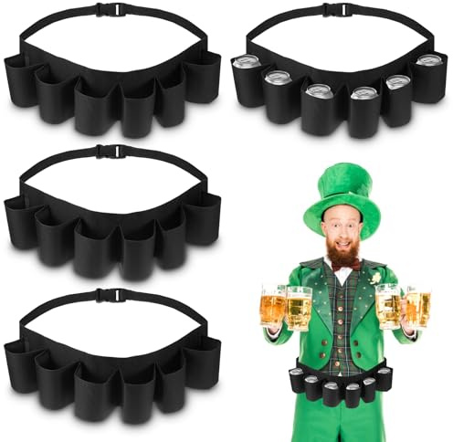 4 Pcs 6-Pack Beer Belt Holder for Men 6 Cans Beer Can Holder for Drinking Adjustable Black Drinking Accessories for Halloween Christmas Men Women Outdoor Camping Hiking Picnic Party