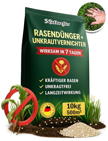 Natureflix Rasendünger mit Unkrautvernichter extra stark | 10kg für 500m² | 2-in-1 | Der Rasenunkrautvernichter vernichtet Klee, Löwenzahn & mehr | für dichten, grünen Rasen im Frühjahr & Sommer