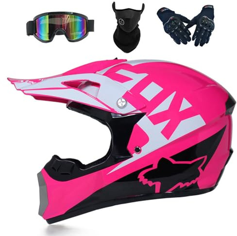 Motocross Helm Kinder Erwachsene Dirt Bike Offroad Cross Helms Herren ATV Motocross Jugend Motorradhelm MX Enduro Full Face MTB Helms Mit Brille Maske Handschuhe Downhill Helm,Pink-L