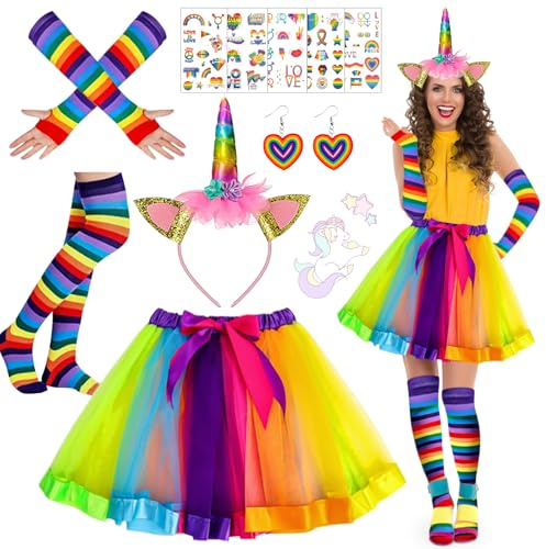 6er Regenbogen Kostüm Damen, Einhorn kostüm erwachsene,Tüllrock Regenbogen Damen, Einhorn Horn Stirnband, Kniestrümpfe Streifen,Ohrringe,Aufkleber und Lange Handschuhe,für Karnevalspartys Mottoparty