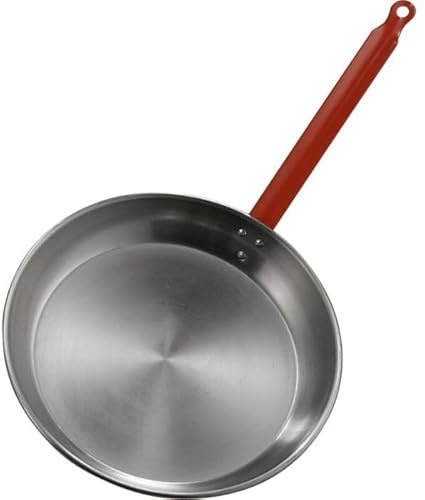GREGORIOSTORE Padella in Ferro Spazzolato con Manico Rosso, per Spaghetti e Wok, Rotonda, Antiaderente Naturale, Manico Ergonomico, Uso Professionale (32 cm)