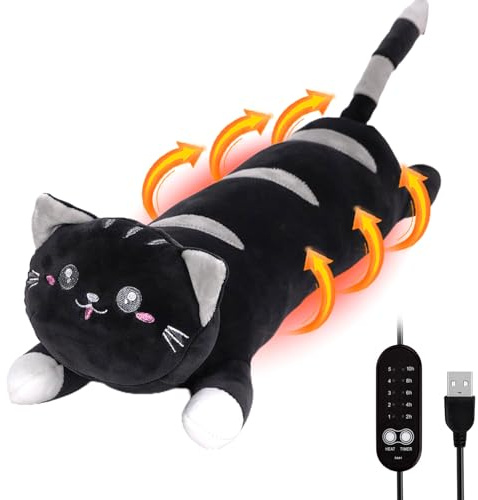 USB Heat Pad for Period 5 Heats Settings 5 Timer Modes Period Cramp Heat Pad 19.7x5.5 Cute Cat Stuffed Animal for Neck Back Pain Relax - Cramp