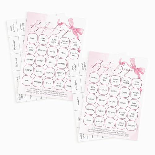 Pink Bee Baby Shower Bingo Game in a Pretty Pink Bow Theme for Baby Girls celebrations (2x20 Player)