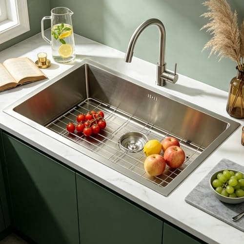 Fregadero de cocina de un seno de 75 x 48 cm, de acero inoxidable 304, juego completo con escurridor enrollable, sifón, desagüe y rebosadero, adecuado para bajo encimera o montaje superior, 1 cubeta