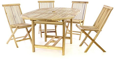 Divero 5 TLG. Sitzgruppe Umbria– ausziehbarer Esstisch + 4 x Klappstühle aus Teakholz – Farbe: Natur-Braun