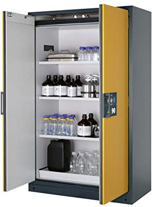 ASECOS Sicherheitsschrank Q90 RAL 7016/RAL 1004 4xAZ1xBW.S (St.bl.) zur Lagerung von entzündbaren Gefahrstoffen in Arbeitsräumen