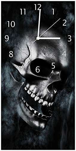 Wallario Design-Wanduhr Rauchende Schädel aus Glas, Motiv-Uhr Größe 30 x 60 cm, weiße Zeiger