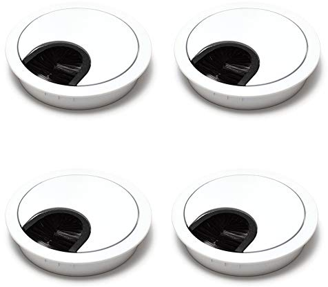 sossai® Passe-câble/passage de câble/passe-fil avec brosse pour bureau, table & plan de travail | set de 4 | KDM1-WH | Design : blanc | Diamètre : 60 mm | Matériau : métal