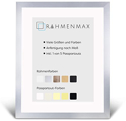 RahmenMax® Morena Bilderrahmen 70x90 cm mit Passepartout passend für Bild 60x80 cm/Maßanfertigung möglich/MDF Bilder Rahmen/Rahmenfarbe: Alu-gebürstet, Passepartoutfarbe: Ultra Weiß