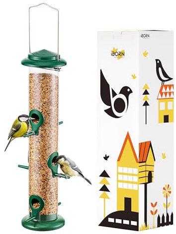 iBorn Metal Bird Feeders 6 Ports Hanging Wild Bird Seed Feeder for Mix Seed Blends, Niger Seed Feeder, Sunflower Heart, Birdbath, Heavy Duty All Metal Green Finishing 14 Inch 6Port