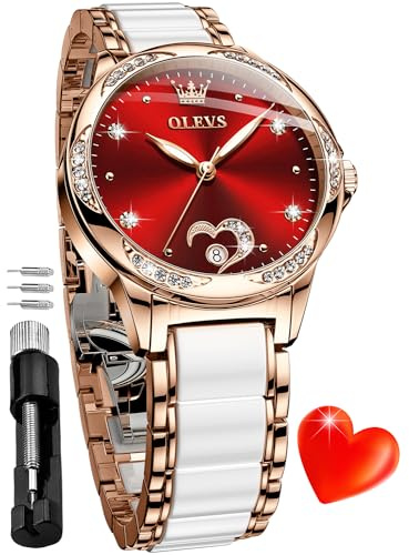OLEVS Automatic Watch for Women Self Winding Luxury Diamond Rose Gold Ladies Mechanical Ceramic Wrist Watch Love Heart Date