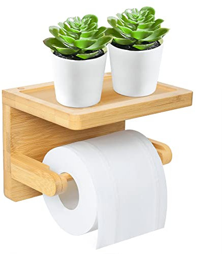 EBEAKA Toilettenpapierhalter, Toilettenpapierhalter Ohne Bohren mit Ablage, Klopapierhalter, Toilettenpapierhalter Bambus für Badezimmer, WC, Multifunktionale Aufbewahrung Klorollenhalter