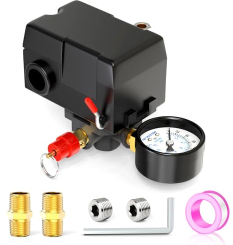 MEANLIN MEASURE Air Compressor Pressure Switch Control Valve 95-125 PSI 110V-240V 4-way Replacement Parts With 0-200 Pressure gauge and Safety Pressure Relief Valve