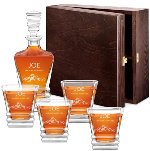 Maverton Geometric Whiskey Set for Man - Engraved Glassware for Birthday - Symmetrical Barware for Whisky Lover - Elegant Whiskey Decanter with 4/6 Glasses for him - for Connoisseur - Mountain
