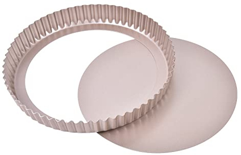 Bakeley 10-Inch Round Tart Pan with Loose Removable Bottom, Non-Stick Carbon Steel Quiche Pan for Oven Baking (Champagne Gold)