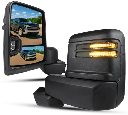 SPEC-D TUNING Black Power Heated Towing Mirrors w/Smoke LED Signal, Temperature Sensor Compatible with 2019-2025 Chevy Silverado 1500, Left + Right Pair