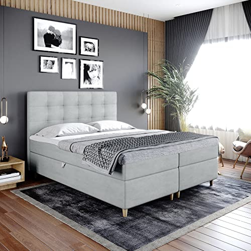 Boxspringbett Dante - Doppelbett, Bett mit Bonellmatratze und Topper, 2 Bettkästen für Bettwäsche, Polsterbett, Modern, Elegant, Schlafzimmer, Schlafzimmermöbel, Schlafzimmerbett (120x200, Grau)