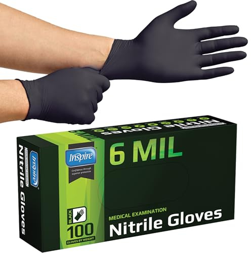 Inspire Heavy Duty 6 Mil Nitrile Chemical Resistant Medical Cooking Cleaning Disposable Gloves (Black Nitrile Box Of 100, Small)