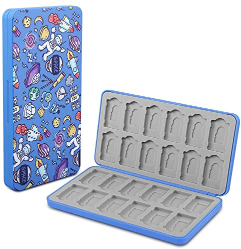 QIANRENON 24 in 1 Game Cassette Magnetic Organizer Case Micro SD Game Card Storage Case, Holds 24 NDS Cassette+24 MicroSD Card, Storage NDS Switch OLED Switch Lite Card, Blue/Astronomical Pattern