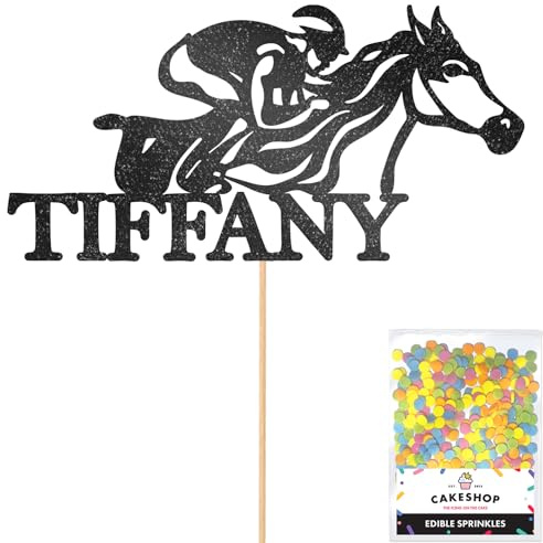 Personalised Horse Racing Jockey Glitter Cake Topper - Black Custom Age & Name Glitter Cake Decoration and Sprinkles - Happy Birthday Decorations - Personalised Toppers for Cakes by Cakeshop