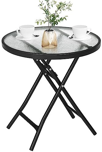 eSituro Klapptisch, Beistelltisch klappbar, Balkontisch Campingtisch Gartentisch Bistrotisch, mit Metallrahmen, runde Tischplatte aus gehärtetem Glas, φ46x47,5cm, Schwarz+transparent