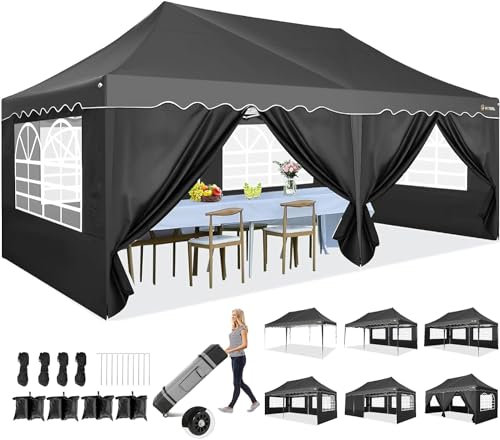 HOTEEL Pavillon 3x6 Wasserdicht Stabil Winterfest Faltpavillon Mit 6 SeitenwäNden Partyzelt 3x6 Uv-Schutz 50+,Aufbewahrungstasche Mit Rollen,FüR Party Outdoor Garten Hochzeit,Camping,Markt,Schwarz