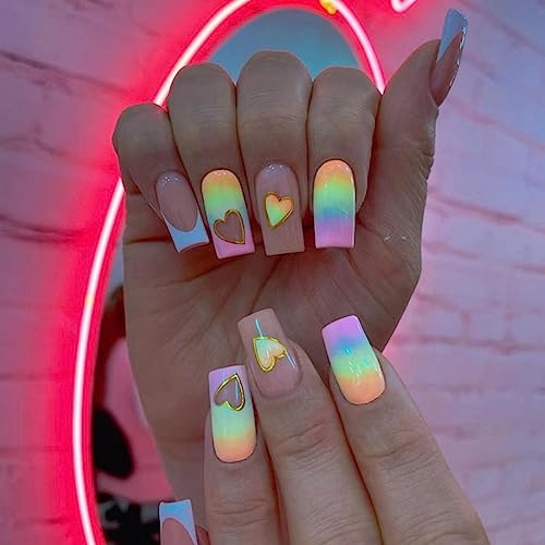 TMUT 24pcs Short Square False Nails Rainbow Colored Press on Nails Heart Design Press on Nail Removable Glue on Full Cover Fake Nail Art Accessories for Women, Variety Pack