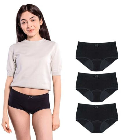 SELENACARE Teenager Periodenunterwäsche Hipster (3er Multipack) - Menstruationsunterwäsche für Teens, waschbar, 100% vegan, nachhaltig, 20ml Absorption, Schwarz, Größe 164