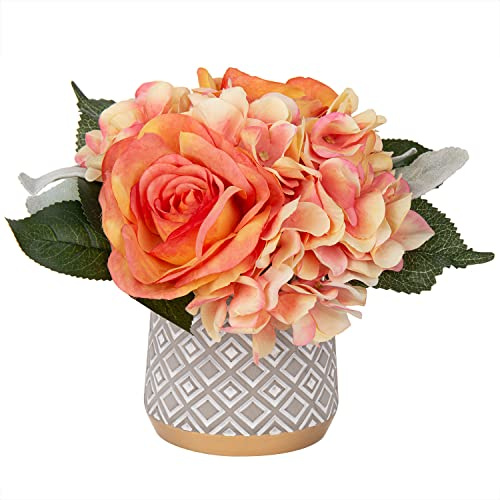 Hollyone Fiori artificiali in vaso, rose arancioni in seta, ortensie finte in vaso, composizioni di fiori finti con vaso di cemento per decorazione domestica, matrimonio, centrotavola, soggiorno,