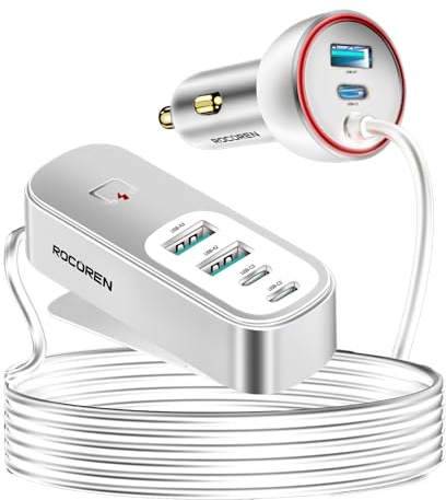 Rocoren 105W 6-Port Multiport Car Charger, PD Fast USB C Car Charger for Multiple Devices,Cigarette Lighter Adapter Car Travel Essentials for Road Trips with 5FT Cable,Car Accessories for iPhone 17/16