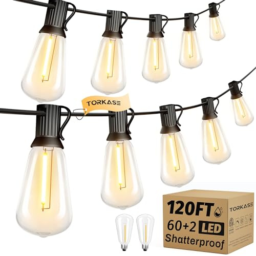 Torkase Outdoor String Lights Mains Powered,120FT/36M Garden Festoon Lights with 60+2 Shatterproof ST38 Plastic LED Edison Bulbs Waterproof for Outside Patio Pergola Gazebo Décor Wedding Cafe