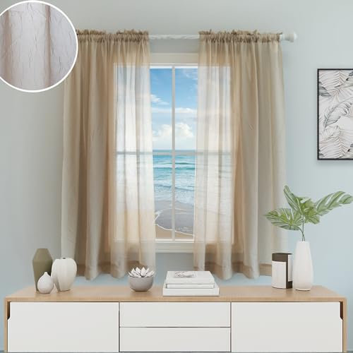 Snugray Cortinas semitraslúcidas color gris pardo aplastado de 54 pulgadas de largo, no necesita planchado, cortinas texturizadas para dormitorio, sala de estar, cocina, juego de 2 paneles