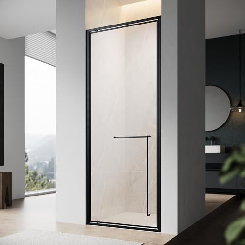 SONNI Pivot-Duschtür aus 6 mm ESG-Glas, Schwarz, 80 × 195 cm, Drehachsen | Pendeltür mit Hebe-Senk-Pivot, nach außen öffnend, Edelstahlgriff mit Handtuchhalter, beidseitig montierbar