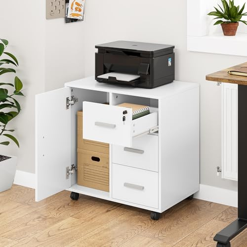 YITAHOME Rollcontainer mit 3 Schubladen, Mobiler Aktenschrank mit Rädern, Bürocontainer Schubladenschrank Rollschrank Rollwagen, Schubladenkommode für Zuhause Büro, Büroschrank 60 * 40 * 57CM (Weiß)