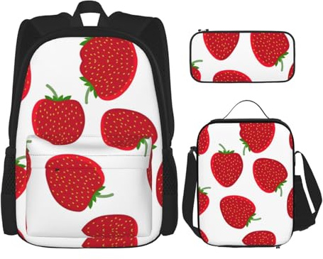 WURTON Sac à dos à bandoulière 3 en 1 avec imprimé fraises - Sac à dos pour livres, boîte à déjeuner, trousse à crayons, sac de voyage pour ordinateur portable, noir, One Size